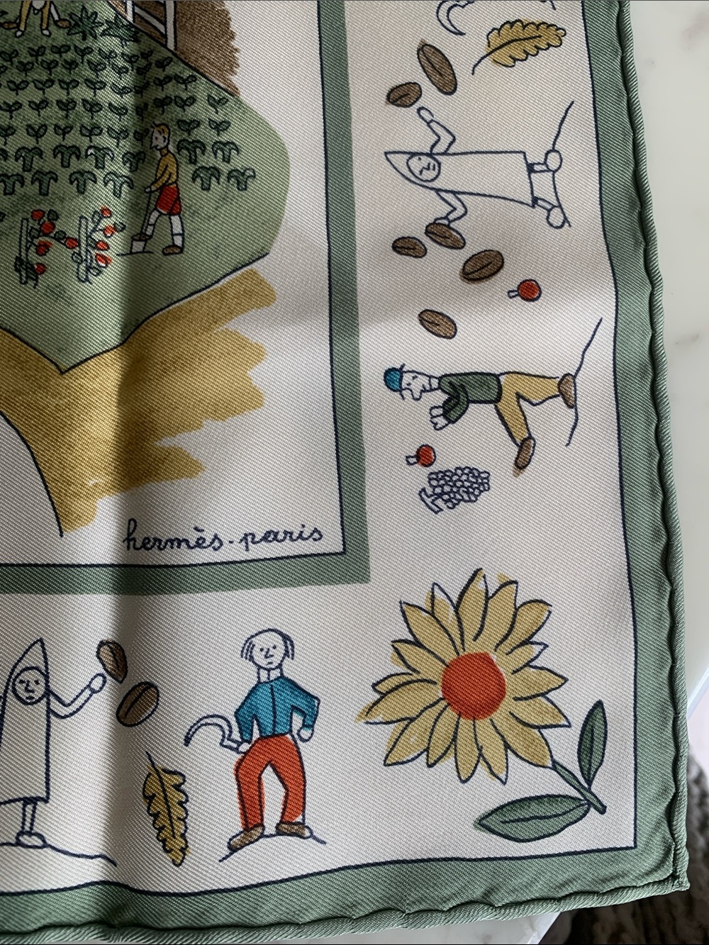 Hermès Multicolor 'Retour à la Terre' Silk Scarf with Green, Blue, Cream & Tan - Picture 3 of 14